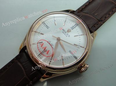 Replica Rolex Cellini Rose Gold White Face Brown Strap Watch